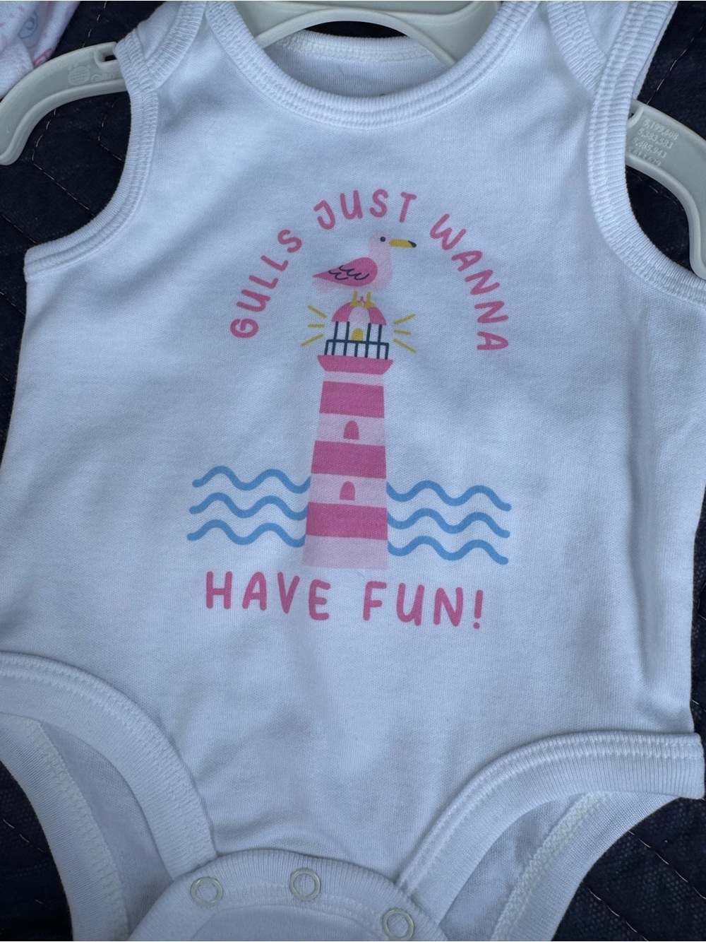 White Baby Onesie with Pink Lighthouse & Seagull Graphic